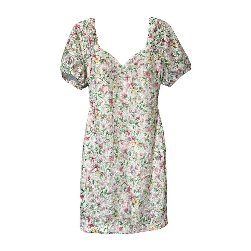 GUESS Womens White Floral Lace Puff Sleeve Mini Dress Cottagecore Size 6